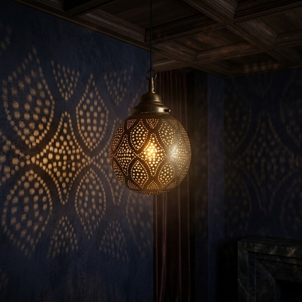 Rounded brass globe with repeating diamond-shaped panels filled with dotted perforations.