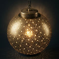 Spherical brass pendant with dense graduated dot perforations and a decorative engraved upper cap.