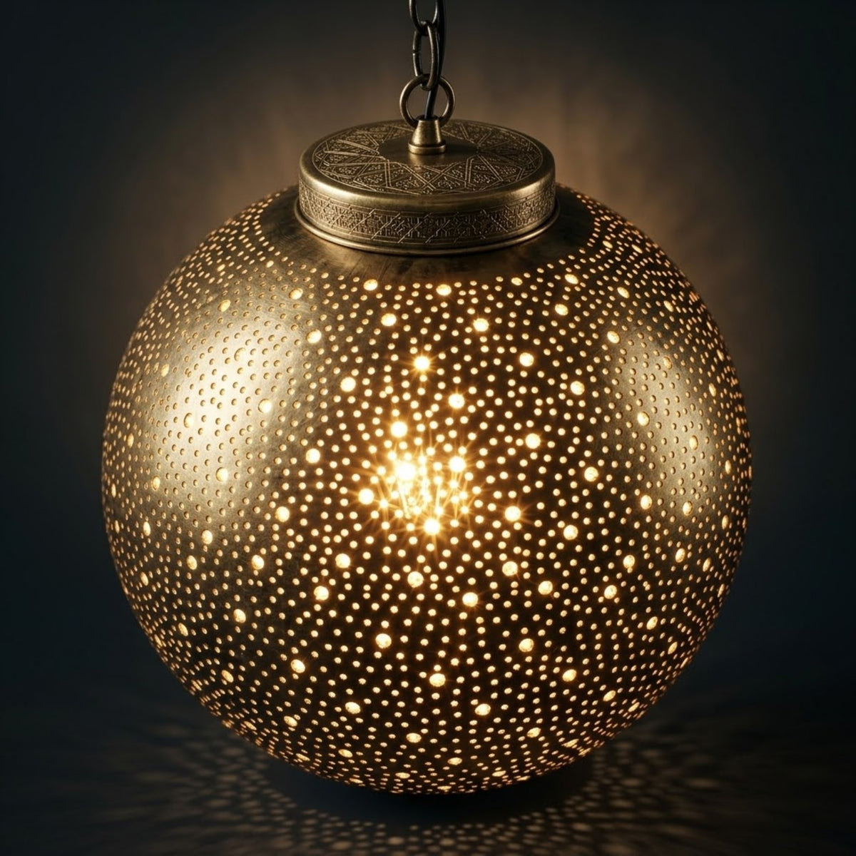 Spherical brass pendant with dense graduated dot perforations and a decorative engraved upper cap.