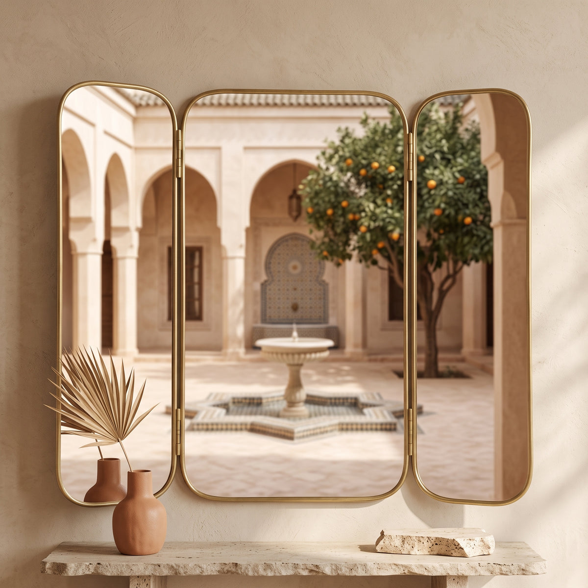 Gold brass triptych wall mirror above a stone ledge, reflecting a Moroccan courtyard with arches and an orange tree
