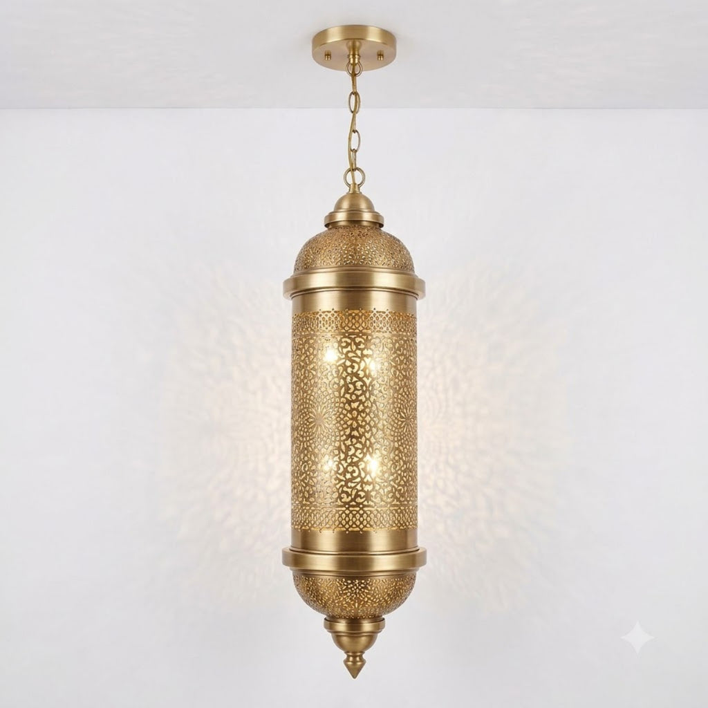 NEOMEDINA Moroccan cylindrical pierced brass pendant lantern