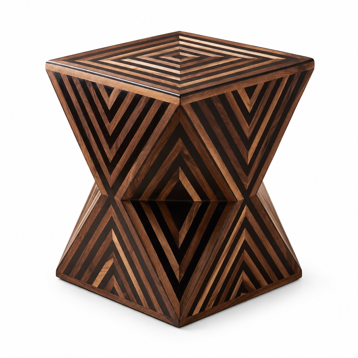 Modern Wood Side Table with Herringbone Inlay on a white background