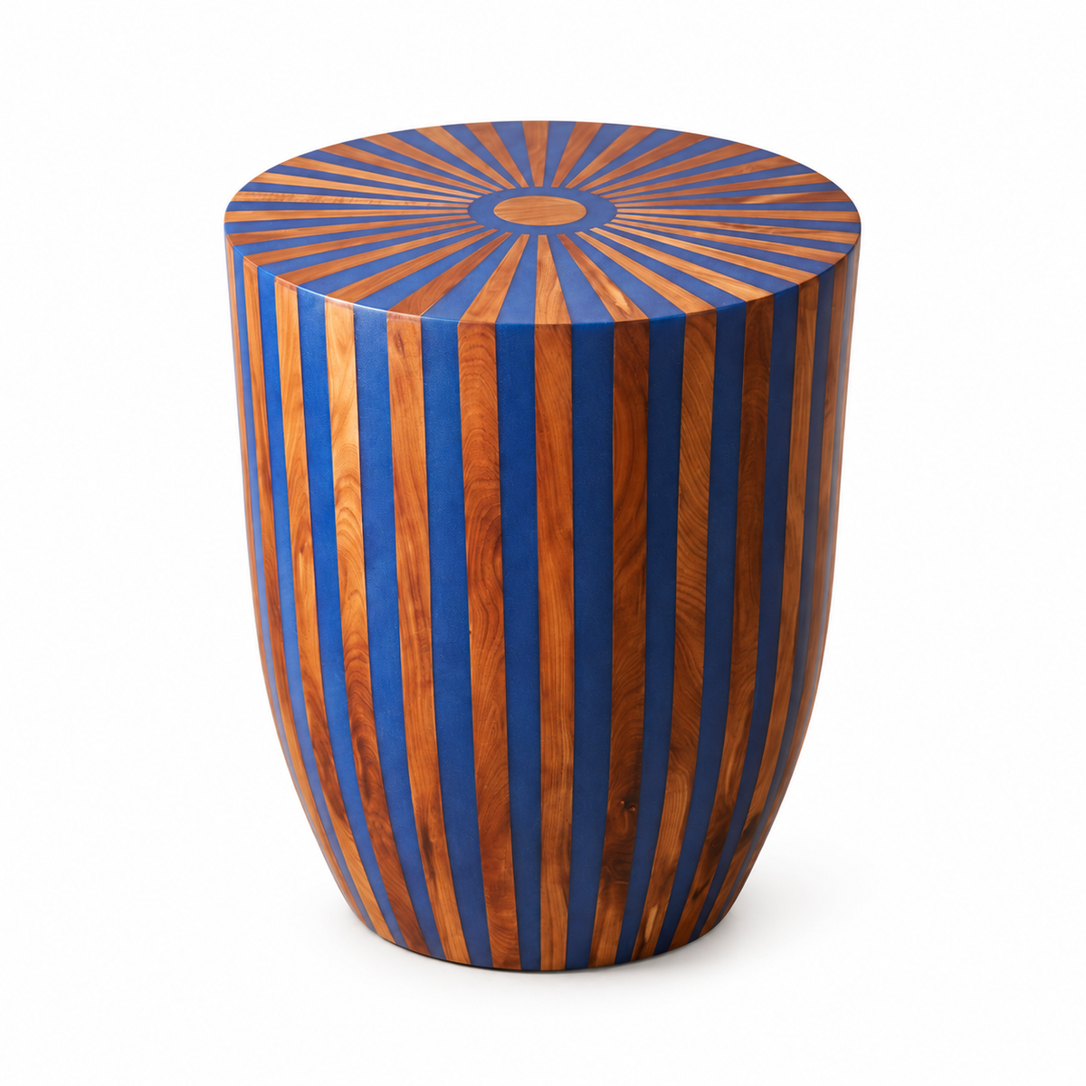 Handmade Wood Inlay Side Table, Blue & Teak Stripe Pattern on a white background