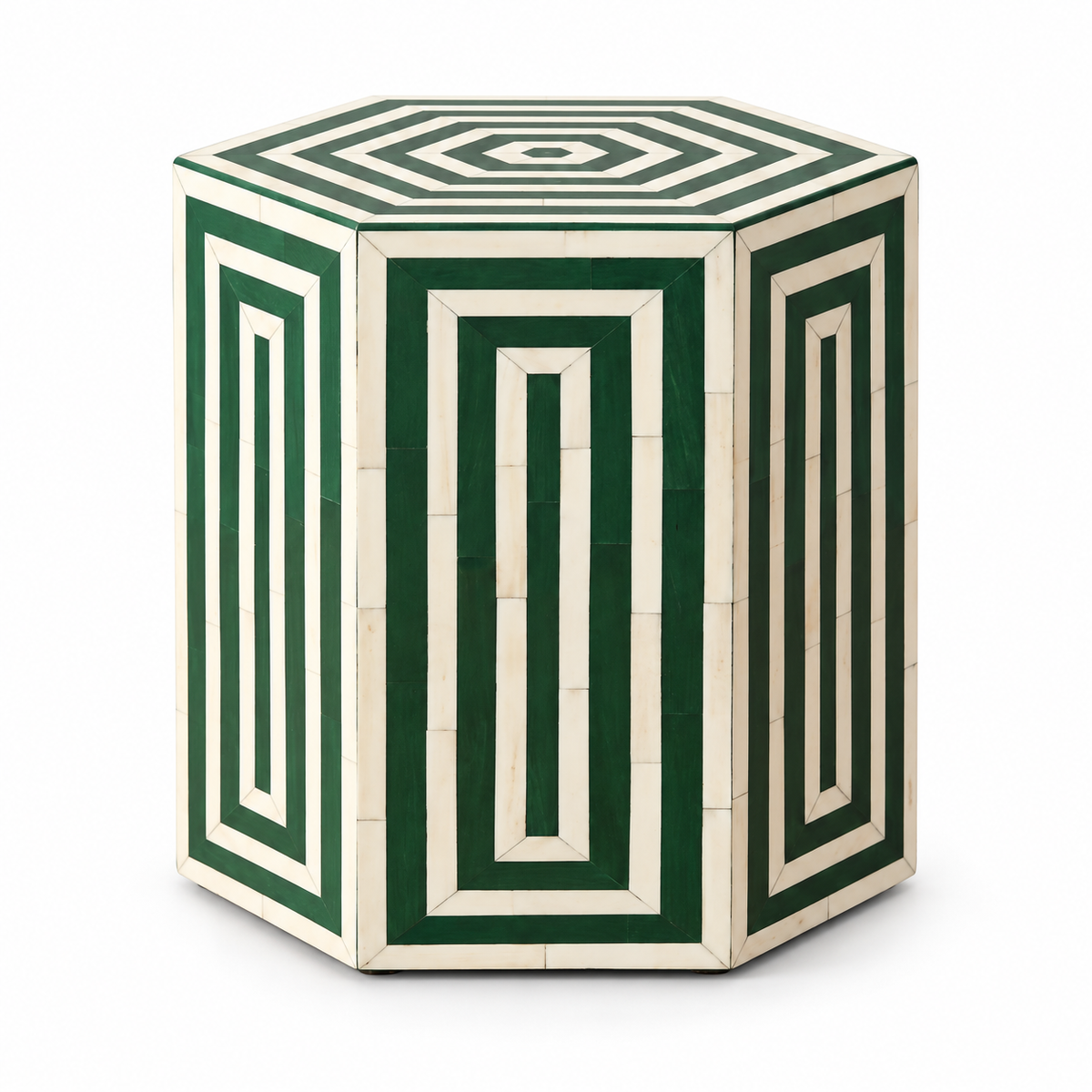 Medina Hexagon Bone Inlay Side Table, Geometric Green Moroccan Accent Table on a white background