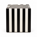 Black White Wood Inlay Cube Side Table, Checkerboard Top, Striped Base, Geometric Decor on a white background
