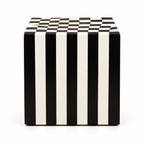 Black White Wood Inlay Cube Side Table, Checkerboard Top, Striped Base, Geometric Decor on a white background