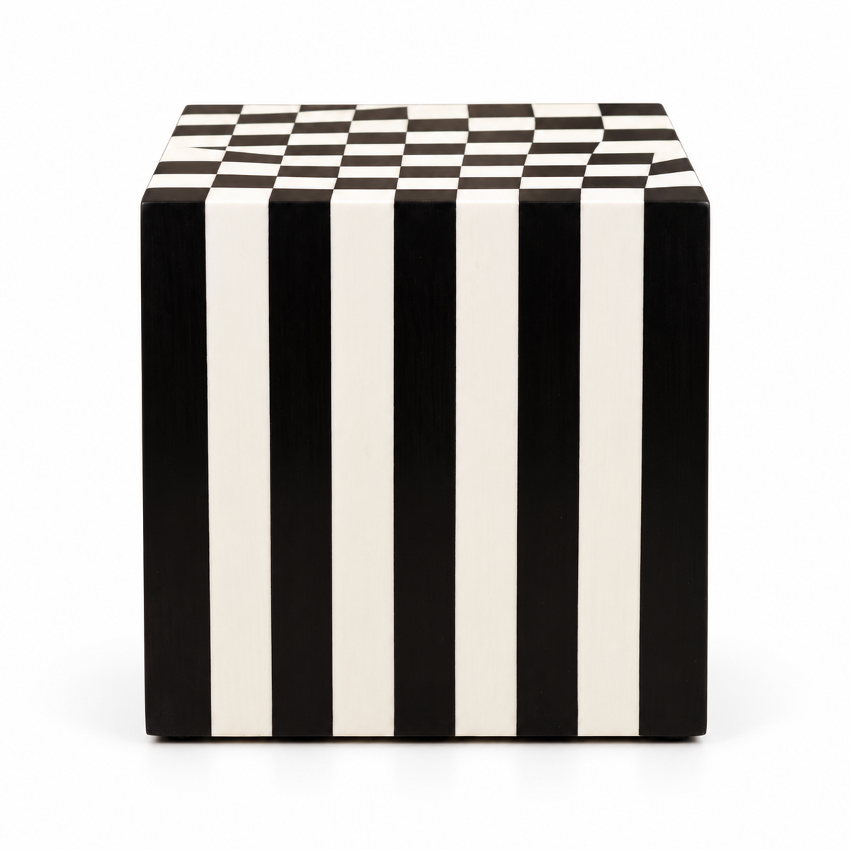 Black White Wood Inlay Cube Side Table, Checkerboard Top, Striped Base, Geometric Decor on a white background
