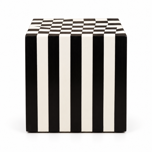 Black White Wood Inlay Cube Side Table, Checkerboard Top, Striped Base, Geometric Decor on a white background
