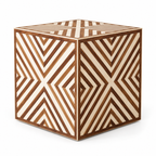 Chevron Wood Inlay Cube Side Table, Geometric Herringbone Accent, Walnut Cream Boho Decor on a white background