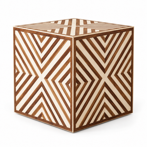 Chevron Wood Inlay Cube Side Table, Geometric Herringbone Accent, Walnut Cream Boho Decor on a white background