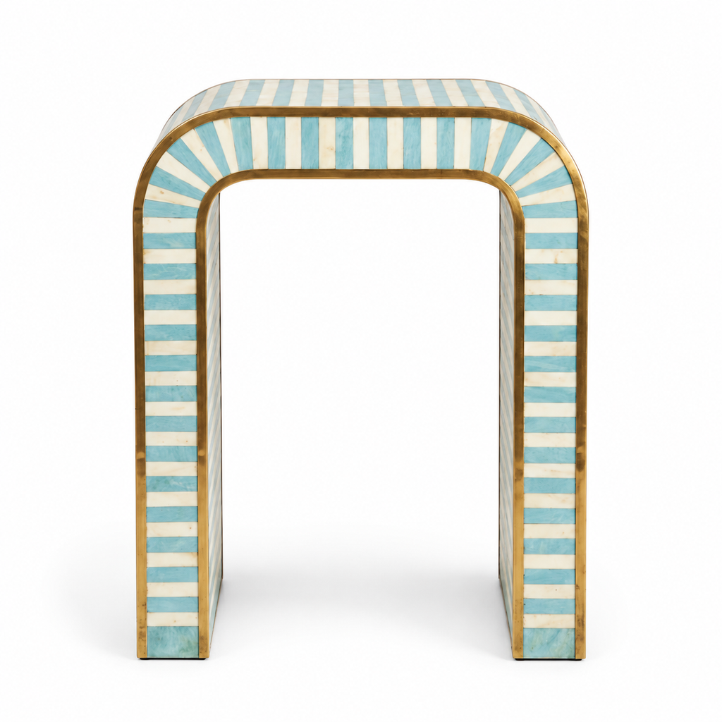 Handmade Bone Inlay Arch Table, Turquoise Stripes, Gold Trim, Moroccan Accent Furniture on a white background