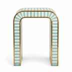 Handmade Bone Inlay Arch Table, Turquoise Stripes, Gold Trim, Moroccan Accent Furniture on a white background