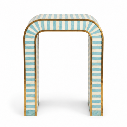 Handmade Bone Inlay Arch Table, Turquoise Stripes, Gold Trim, Moroccan Accent Furniture on a white background