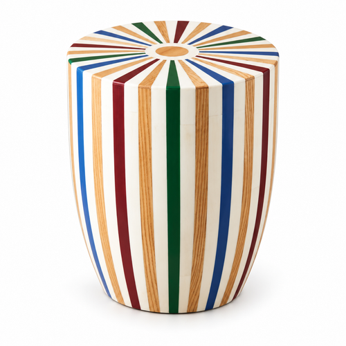 Colorful Striped Wooden Stool, Round Side Table, Handcrafted Moroccan Inspired Home Decor on a white background