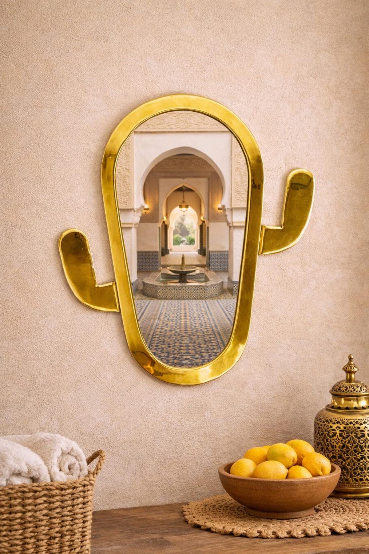 Moroccan Brass Cactus Wall Mirror – 40 × 24 cm