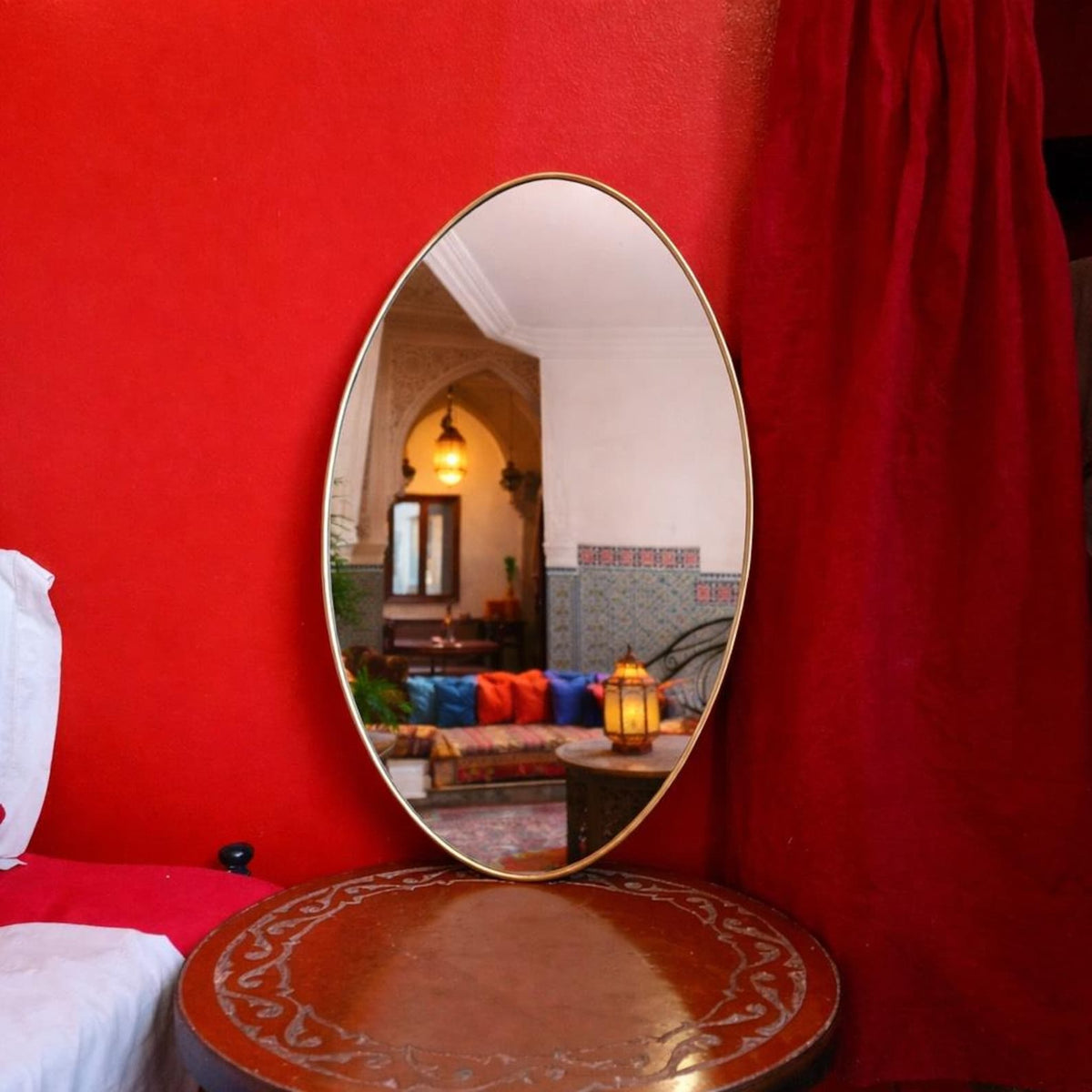 Moroccan Brass Irregular Oval Wall Mirror