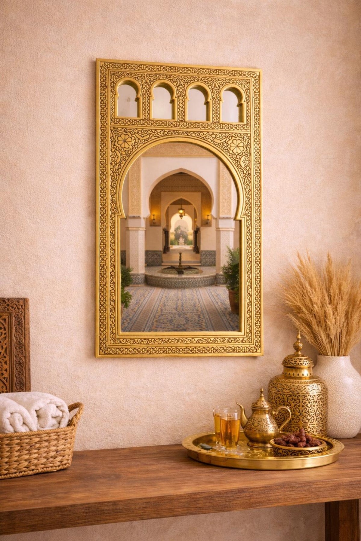 Moroccan Brass Mosque Arch Mirror – 48 × 27.5 cm