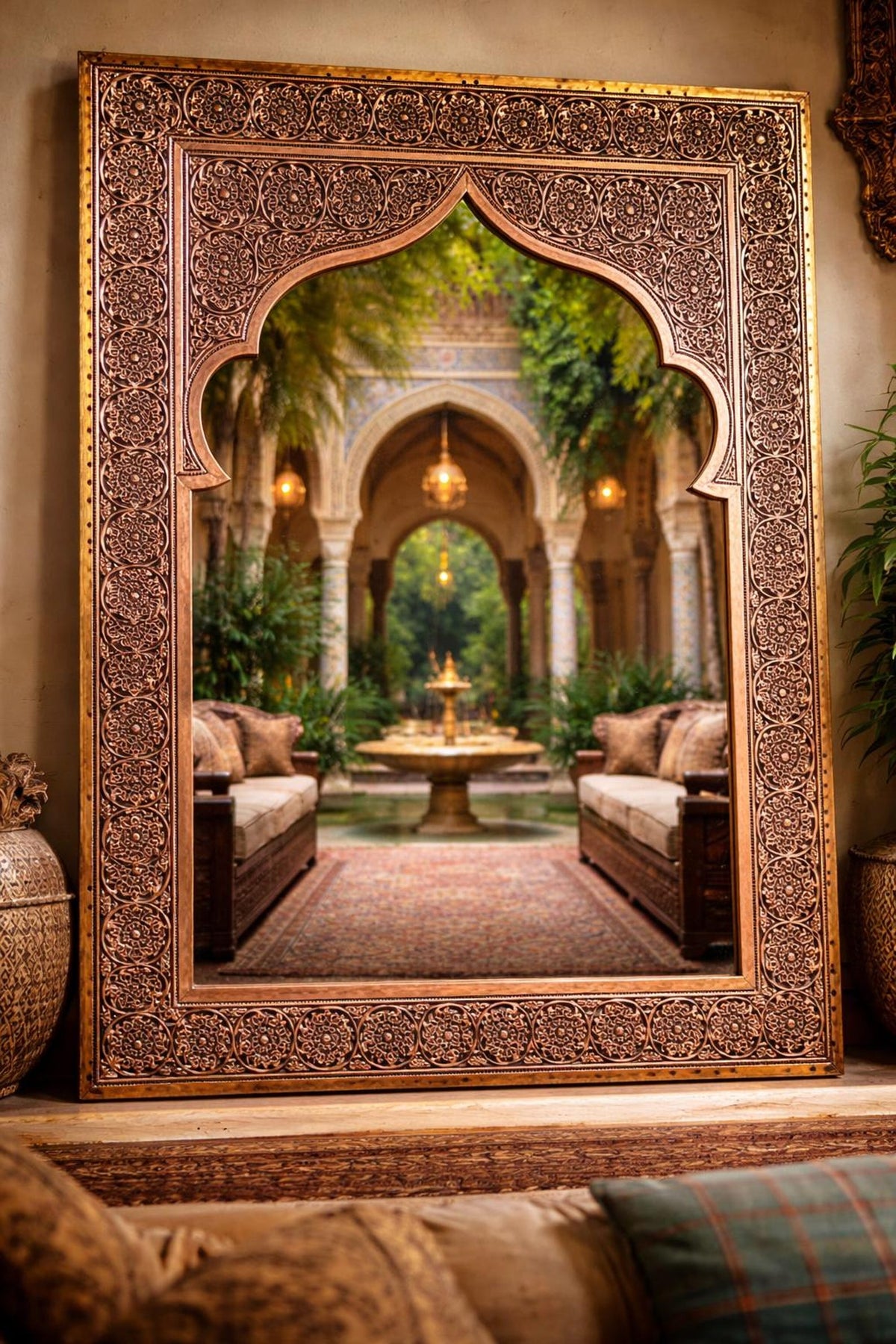 Moroccan Brass Mosque Arch Mirror – Carved Detail