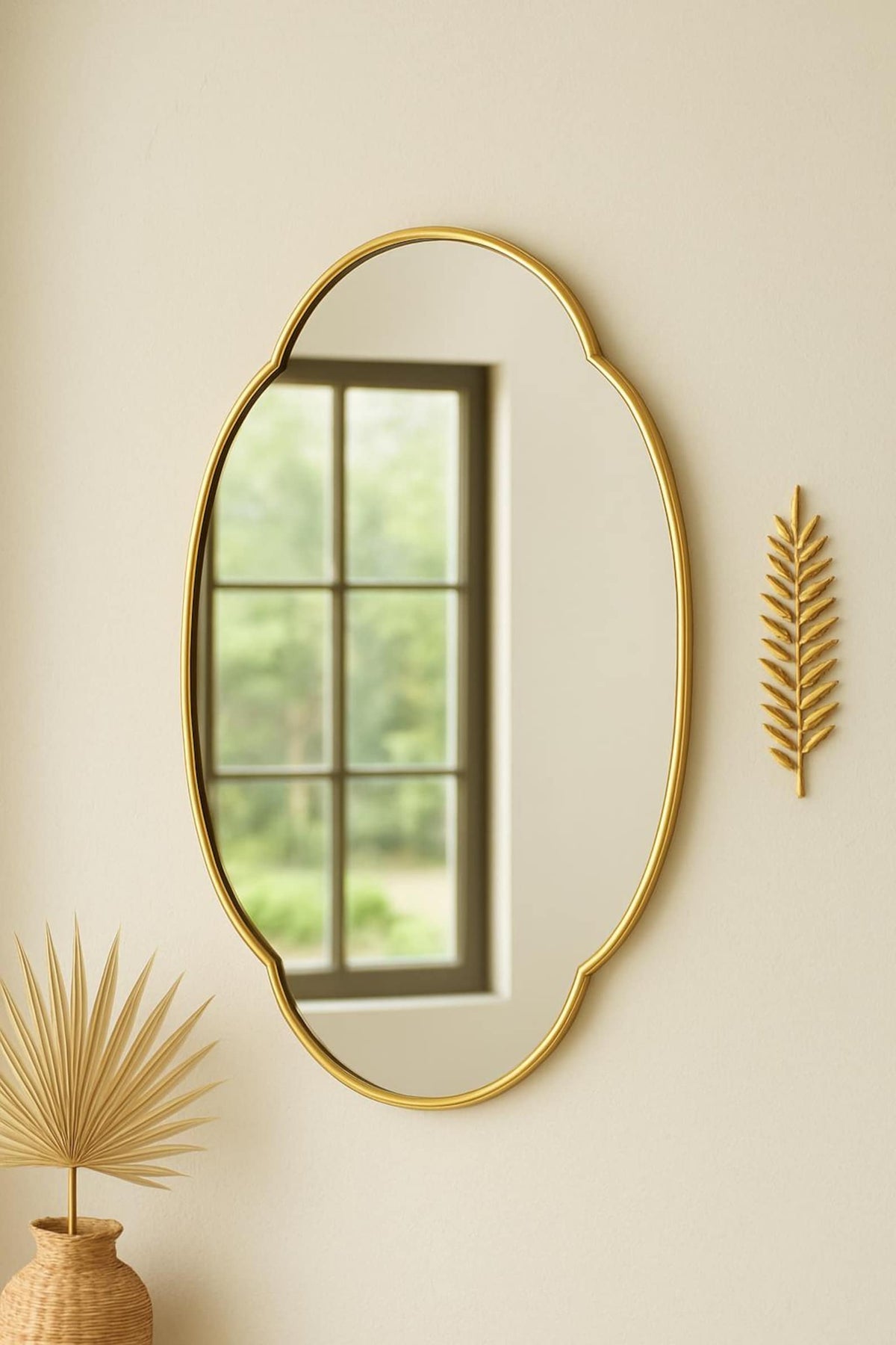 Moroccan Brass Oval Wall Mirror – Leaf Accent