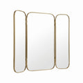 Moroccan brass triptych wall mirror with gold frame and three panels fully open against a white background