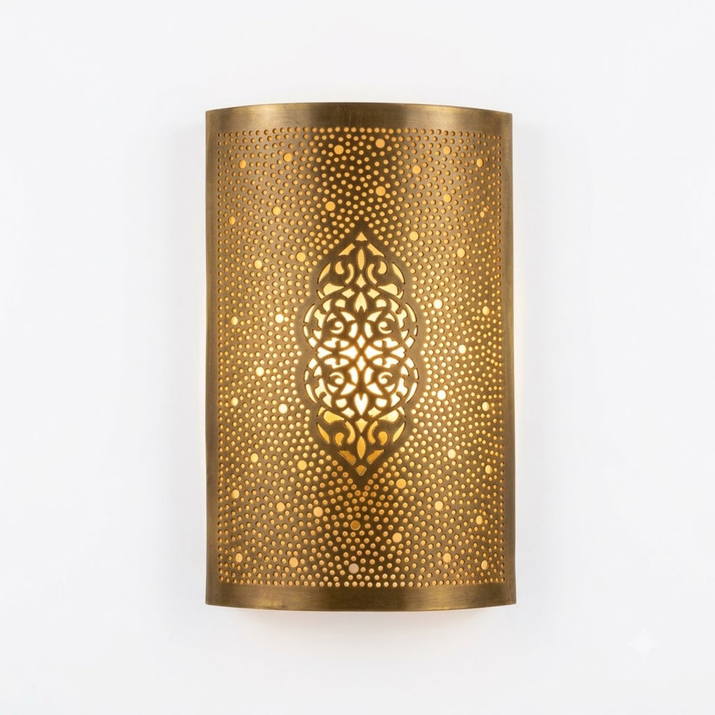 Moroccan brass wall sconce with arabesque medallion pierced pattern, 27 by 16 cm