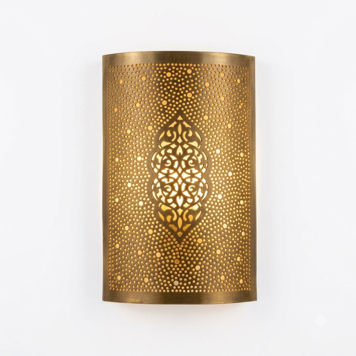 Moroccan brass wall sconce with arabesque medallion pierced pattern, 27 by 16 cm