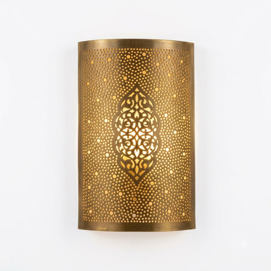 Moroccan brass wall sconce with arabesque medallion pierced pattern, 27 by 16 cm