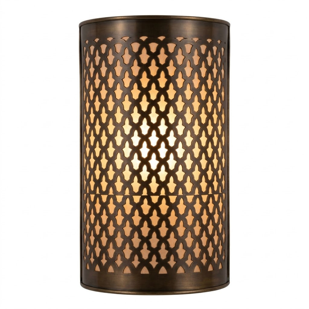 Moroccan brass wall sconce with lattice pierced pattern, 27 by 16 cm
