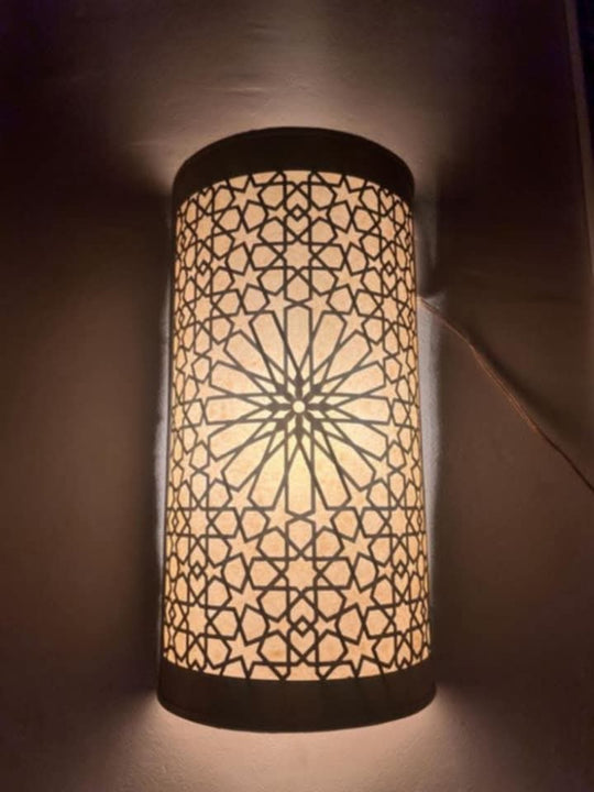 Moroccan brass wall sconce with rosette pierced pattern, 27 by 16 cm