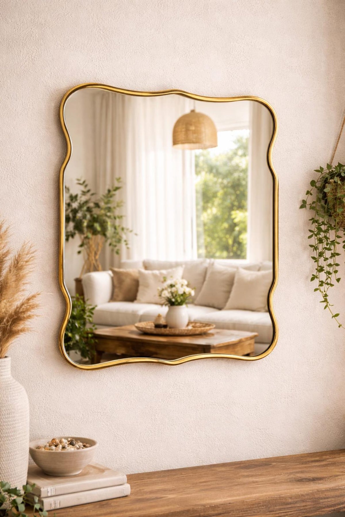 Moroccan Brass Wavy Rectangular Wall Mirror
