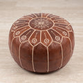 Handmade Moroccan leather pouf in brown leather with floral embroidery