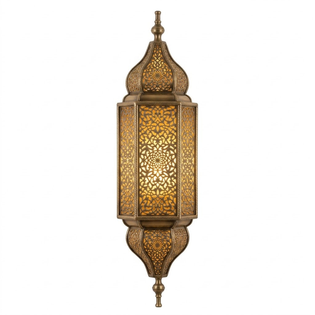 Ornate Tower Lantern Moroccan wall sconce in a gold tone