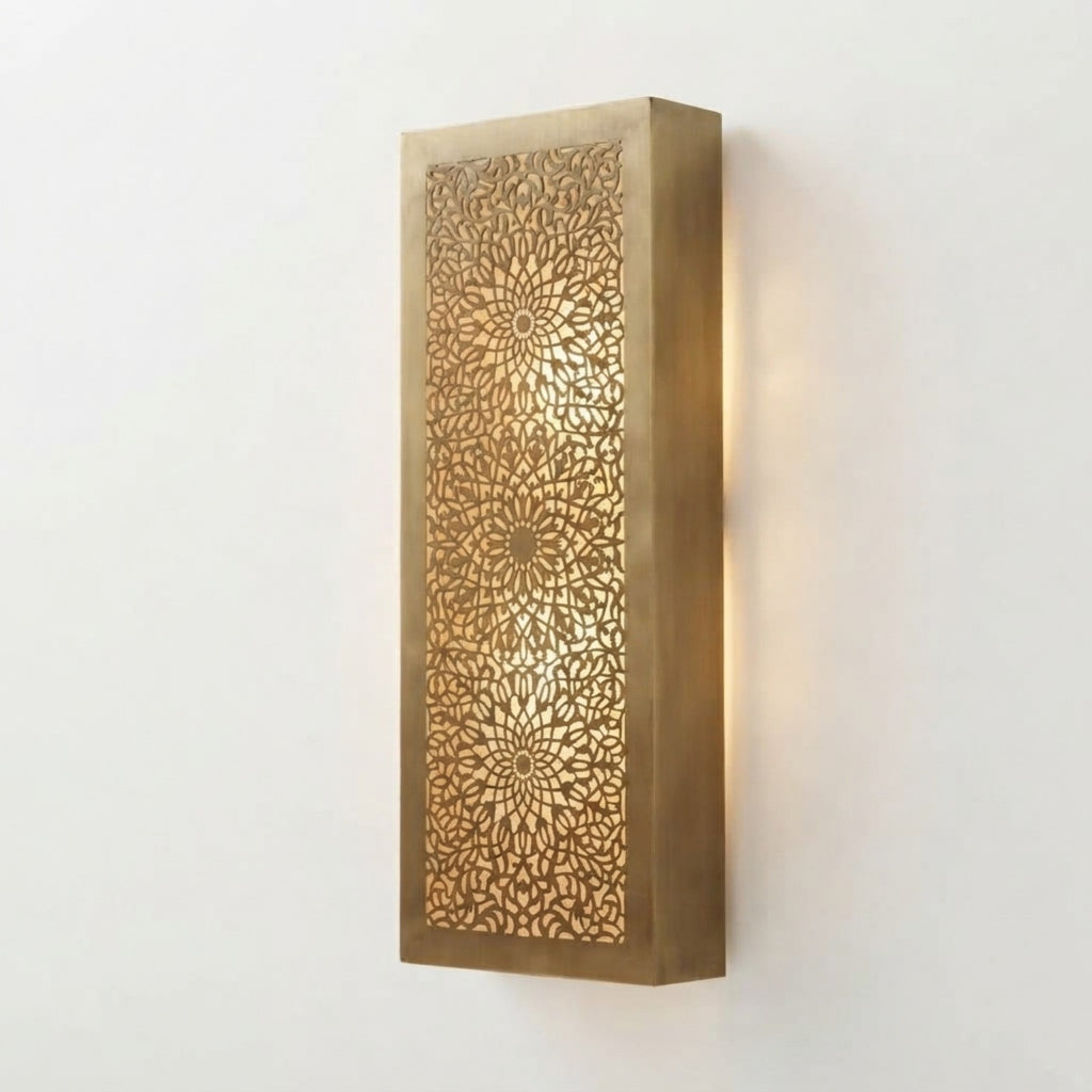 Triple Rosette Panel Side Moroccan wall sconce in a gold tone