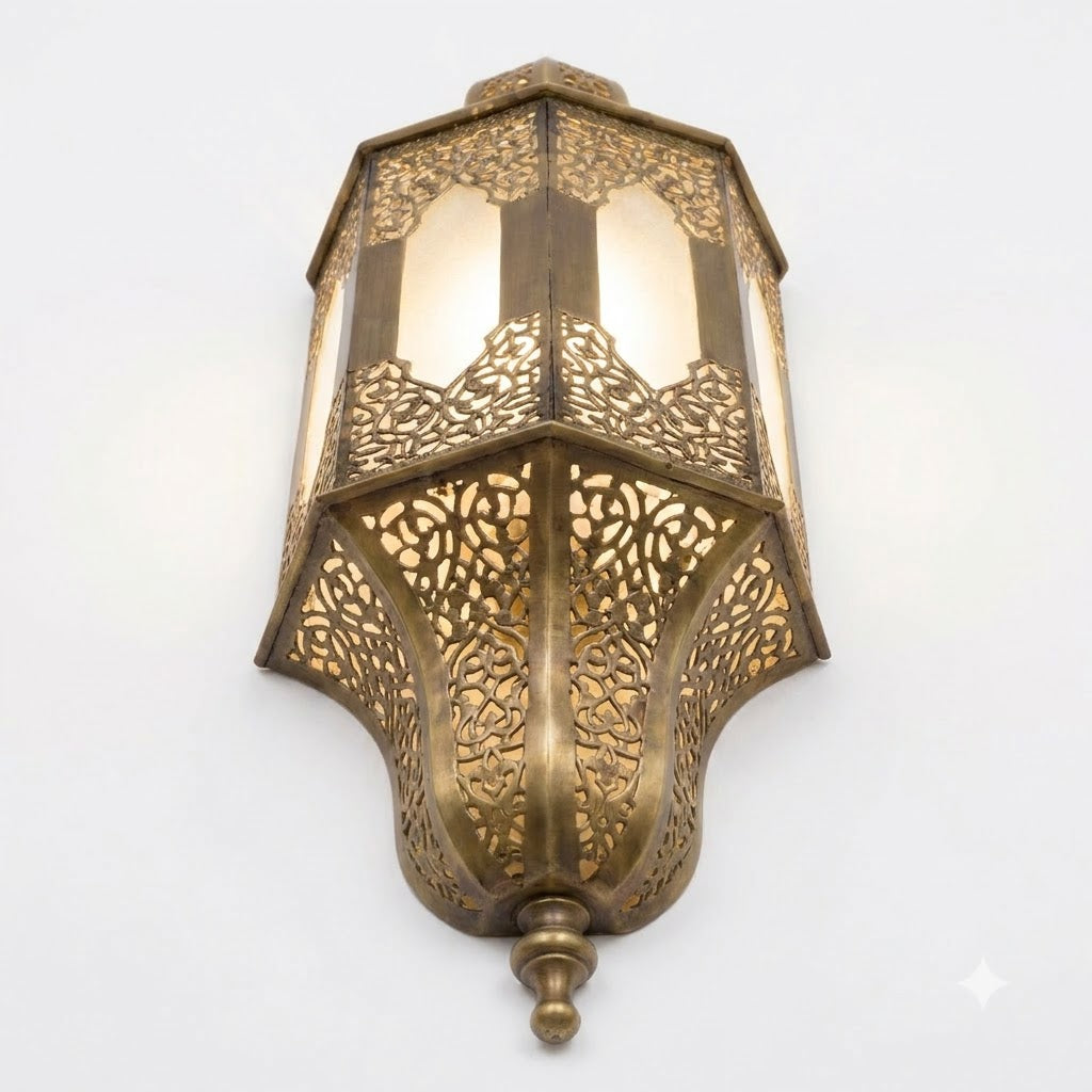 Moroccan arched brass lantern wall sconce with open upper panels and pierced lower panels
