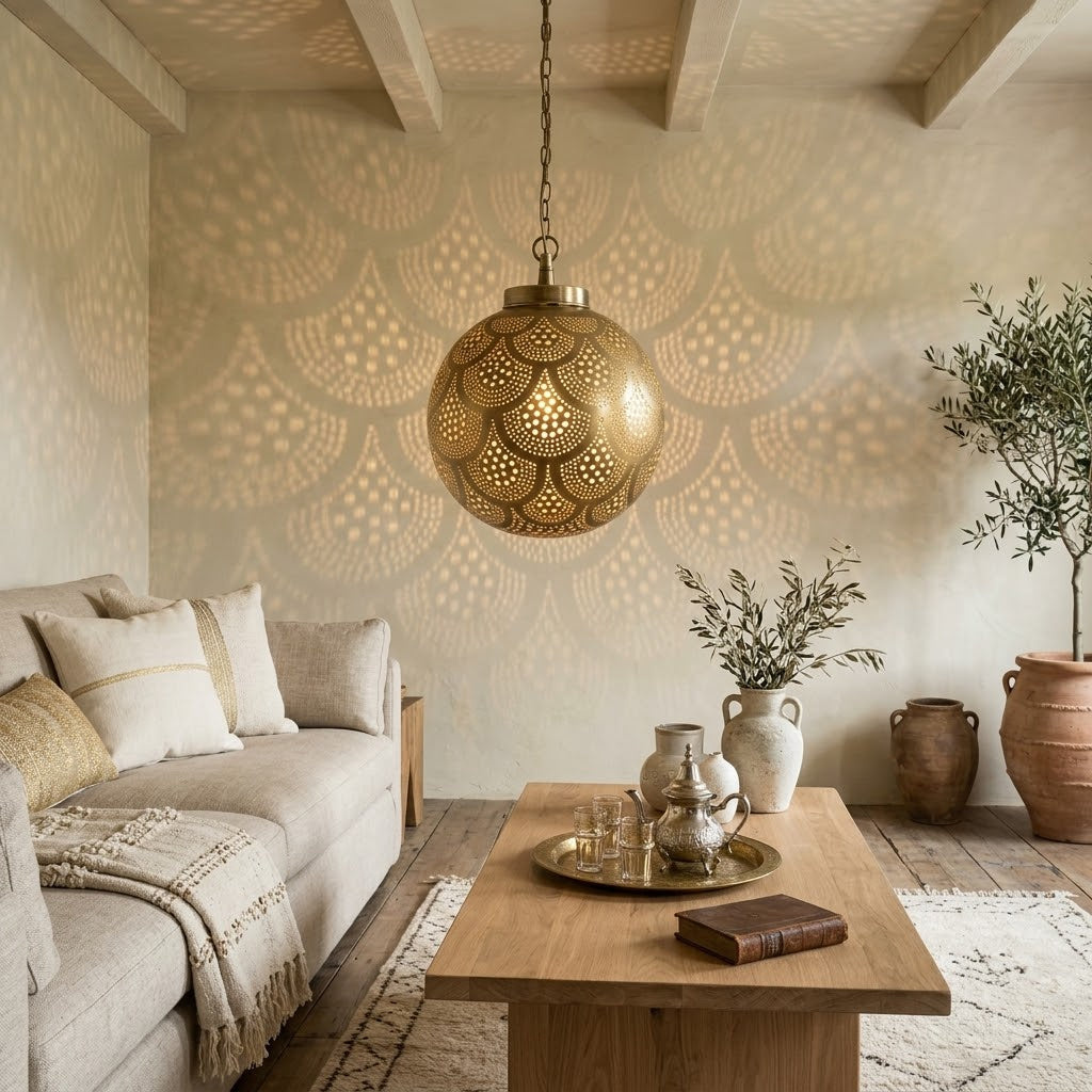 Scallop Dots brass pendant above a wood coffee table and white sectional sofa