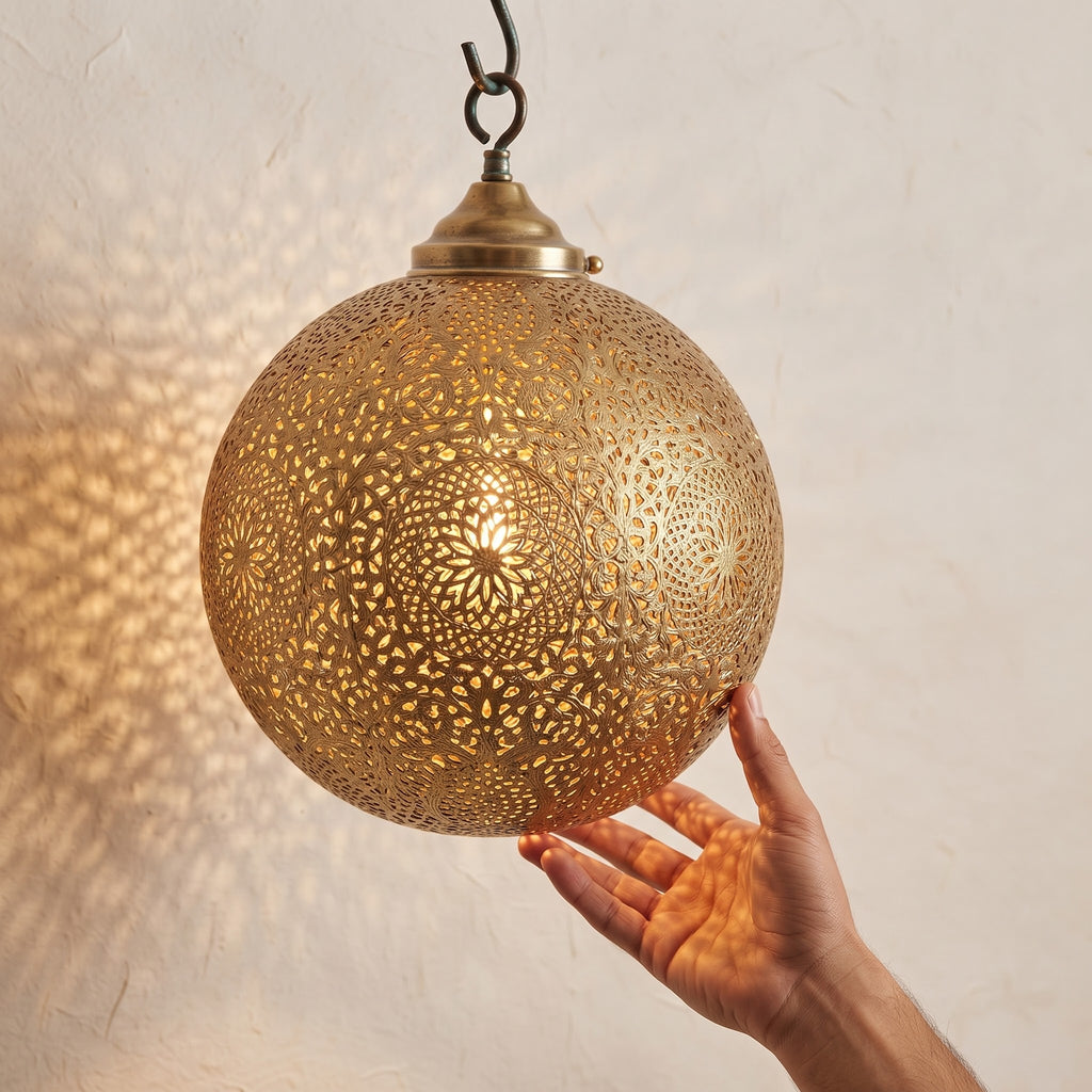 Hand held beneath a brass globe pendant with floral medallion perforations