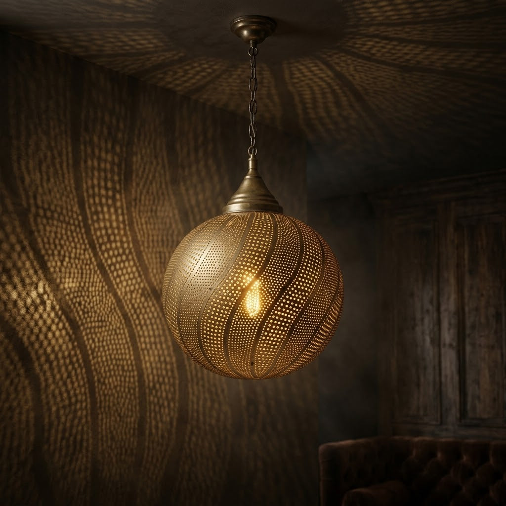 Spiral Bands brass pendant casting curved patterns in a dark living room