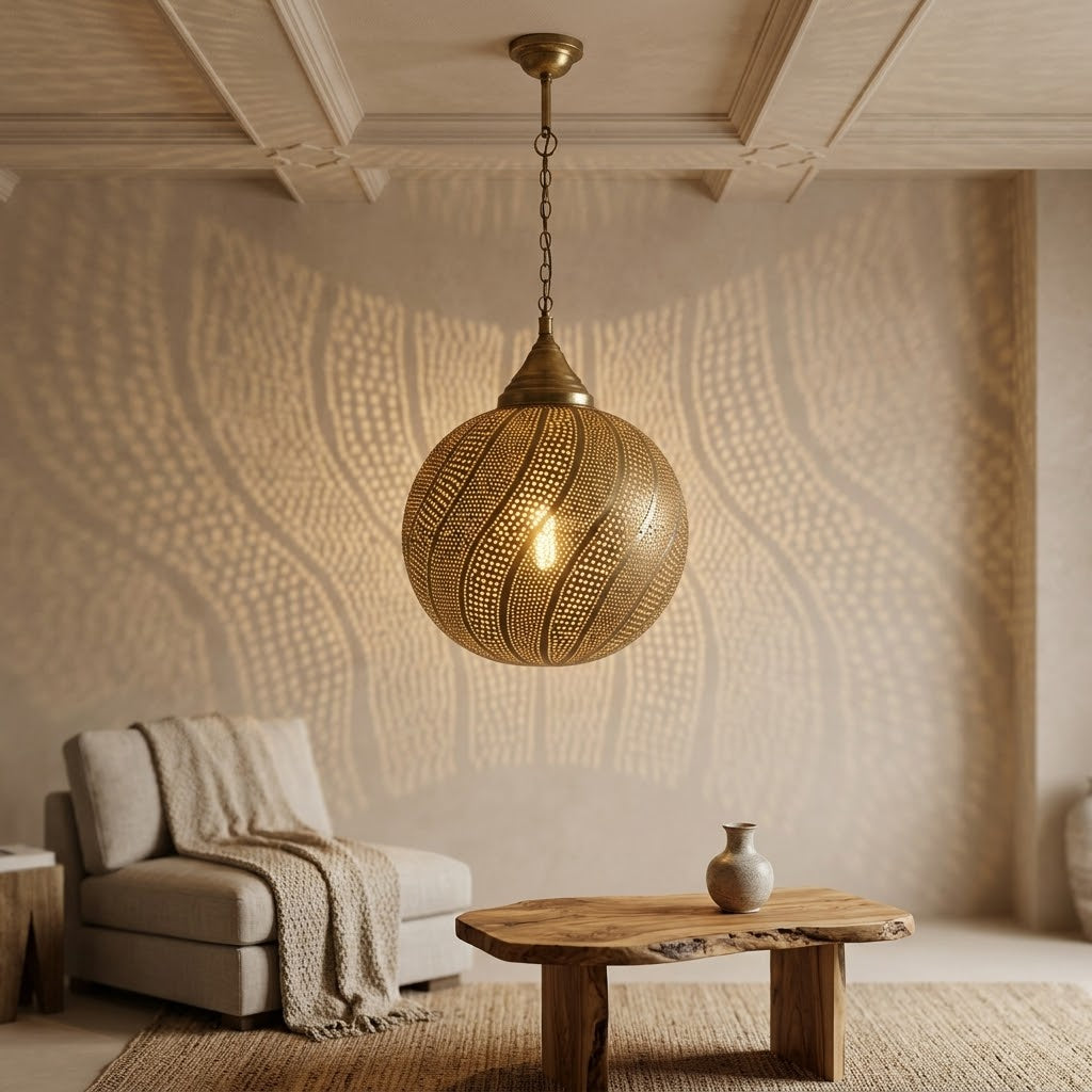 Brass Spiral Bands pendant above a round coffee table beside a cream armchair