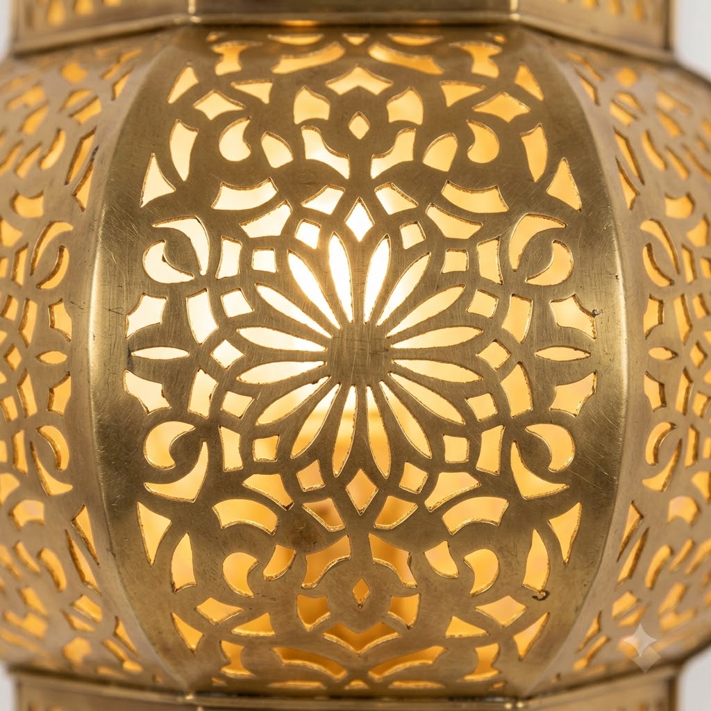 Close-up of illuminated floral cutouts on a Moroccan brass globe lantern wall sconce