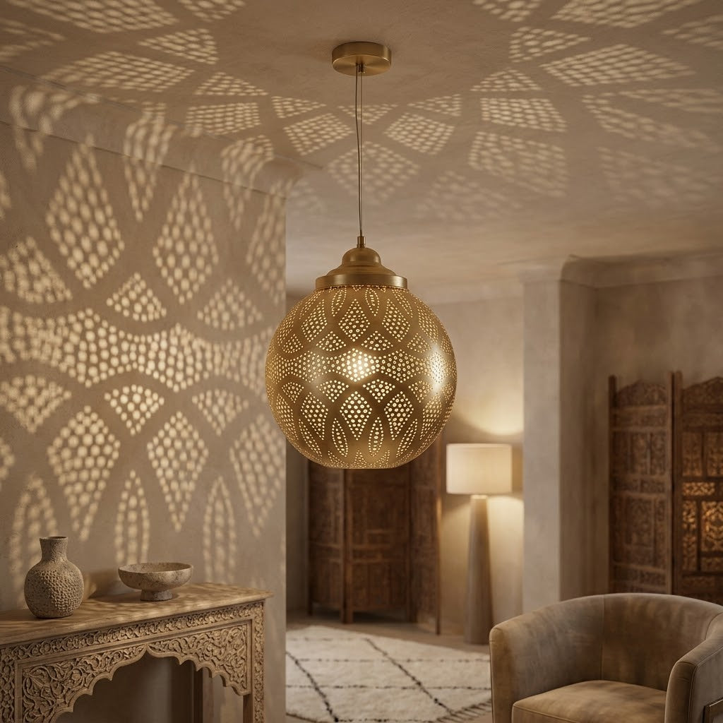 Brass Diamond Lattice pendant casting geometric patterns in a cream interior