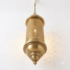 Moroccan Brass Lantern Pendant 70 cm with a tall cylindrical silhouette and pierced brass motifs