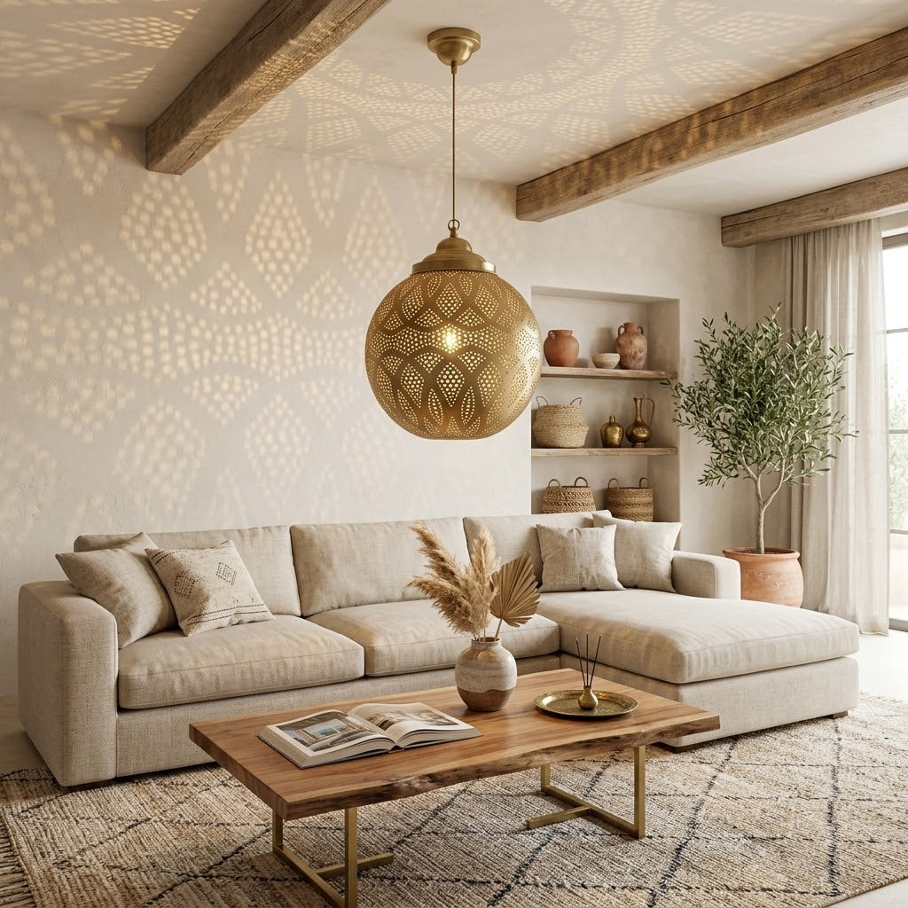 Diamond Lattice brass globe pendant above a coffee table in a bright living room