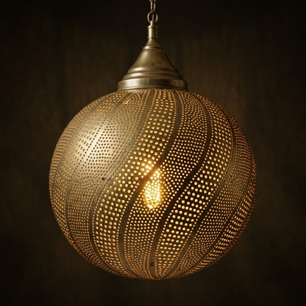 Close-up of an illuminated brass globe pendant with curved spiral perforations