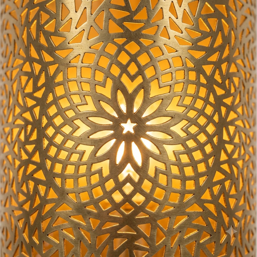 Close-up of a Moroccan brass wall sconce with pierced floral rosette and geometric patterns