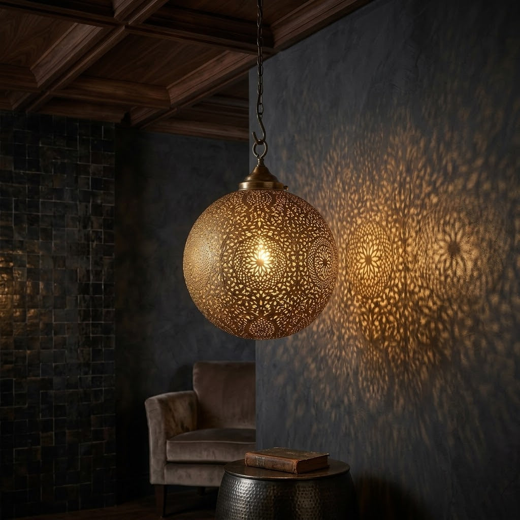 Floral Medallions brass pendant casting patterned light beside an armchair