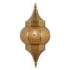 Moroccan brass globe lantern wall sconce with a pointed top and pierced floral panels
