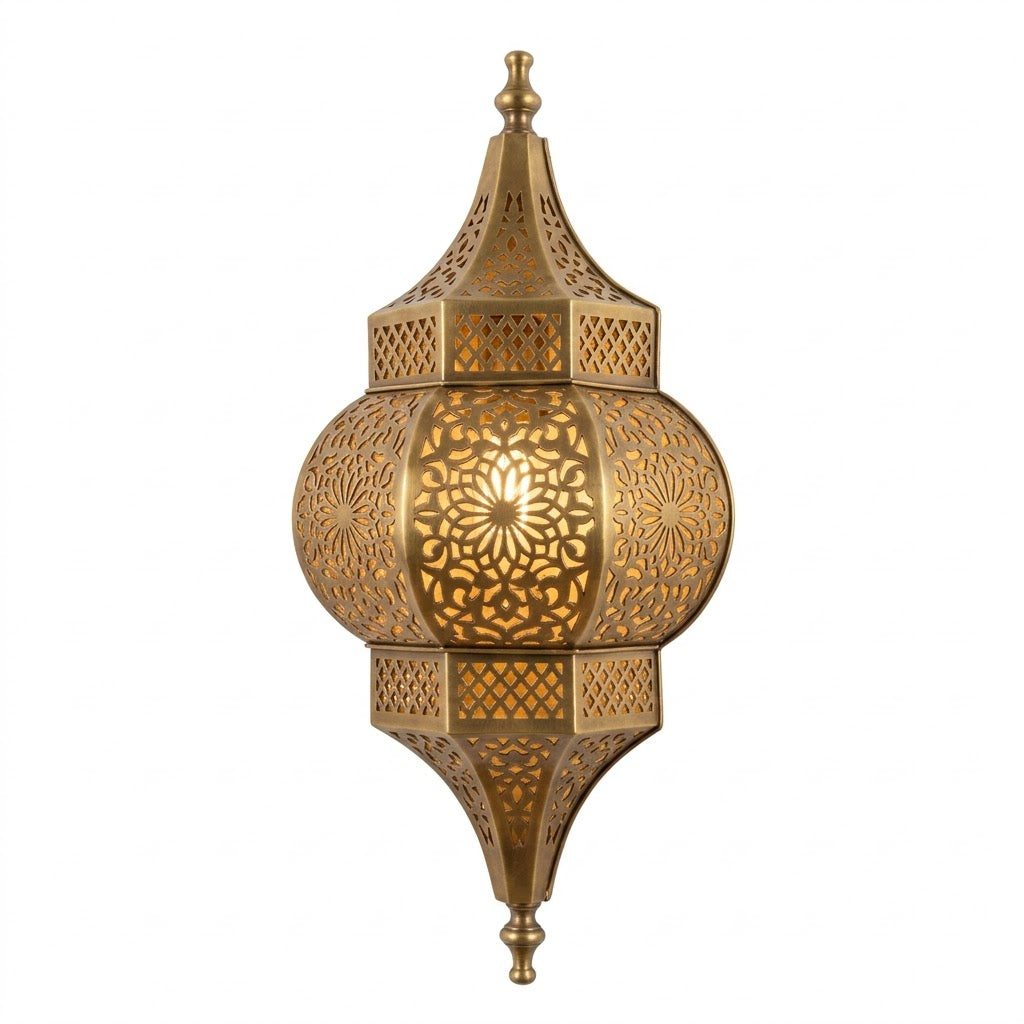 Moroccan brass globe lantern wall sconce with a pointed top and pierced floral panels