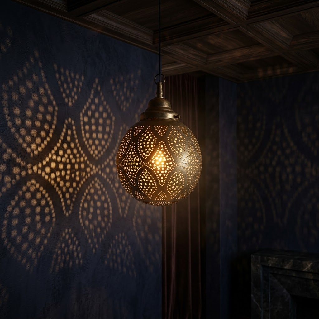 Diamond Lattice brass globe pendant projecting diamond patterns in a dark room