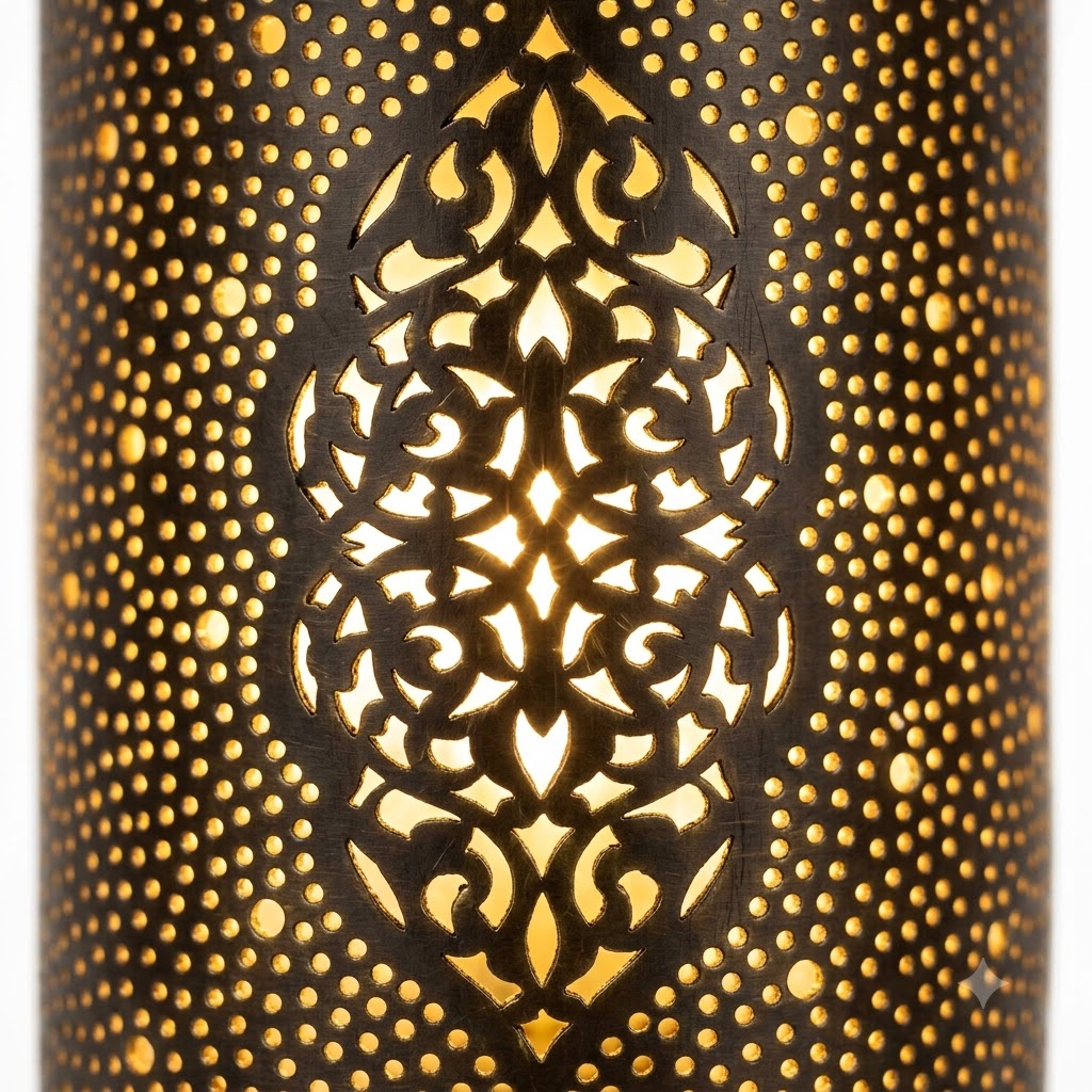 Close-up of an illuminated arabesque medallion on a dark brass wall sconce