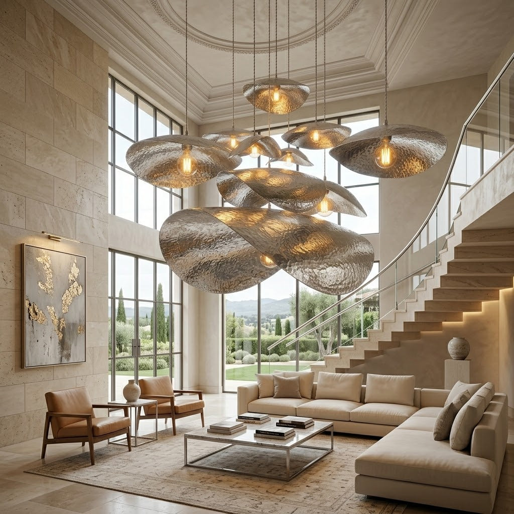 Silver hammered petal pendant in a double-height living room with large windows